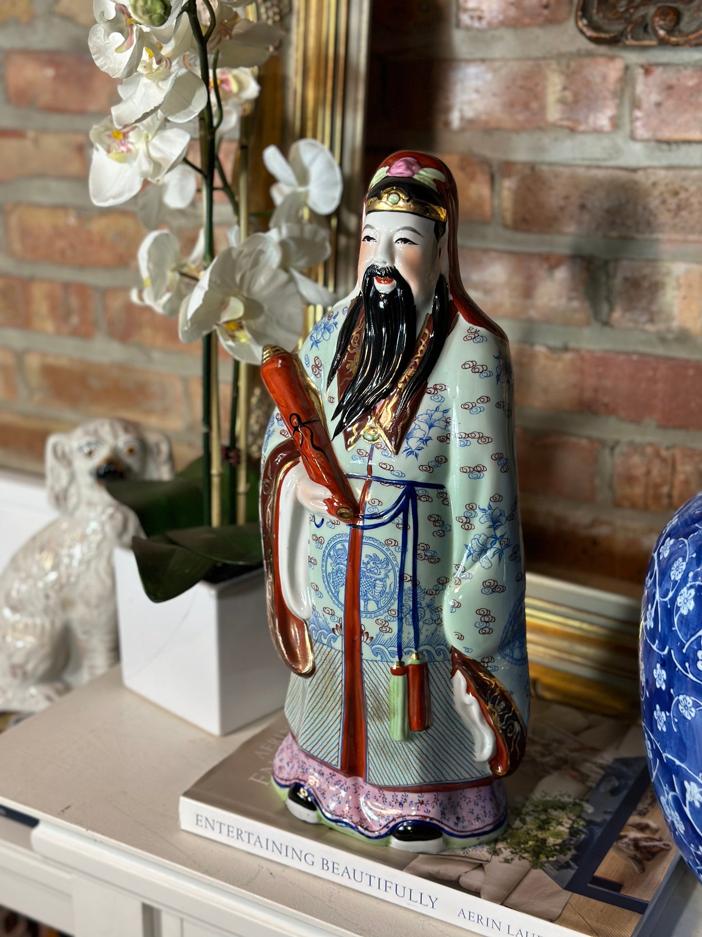 Vintage Single Japanese Chinoiserie Porcelain Statue Figure, 17” Tall - Pristine!
