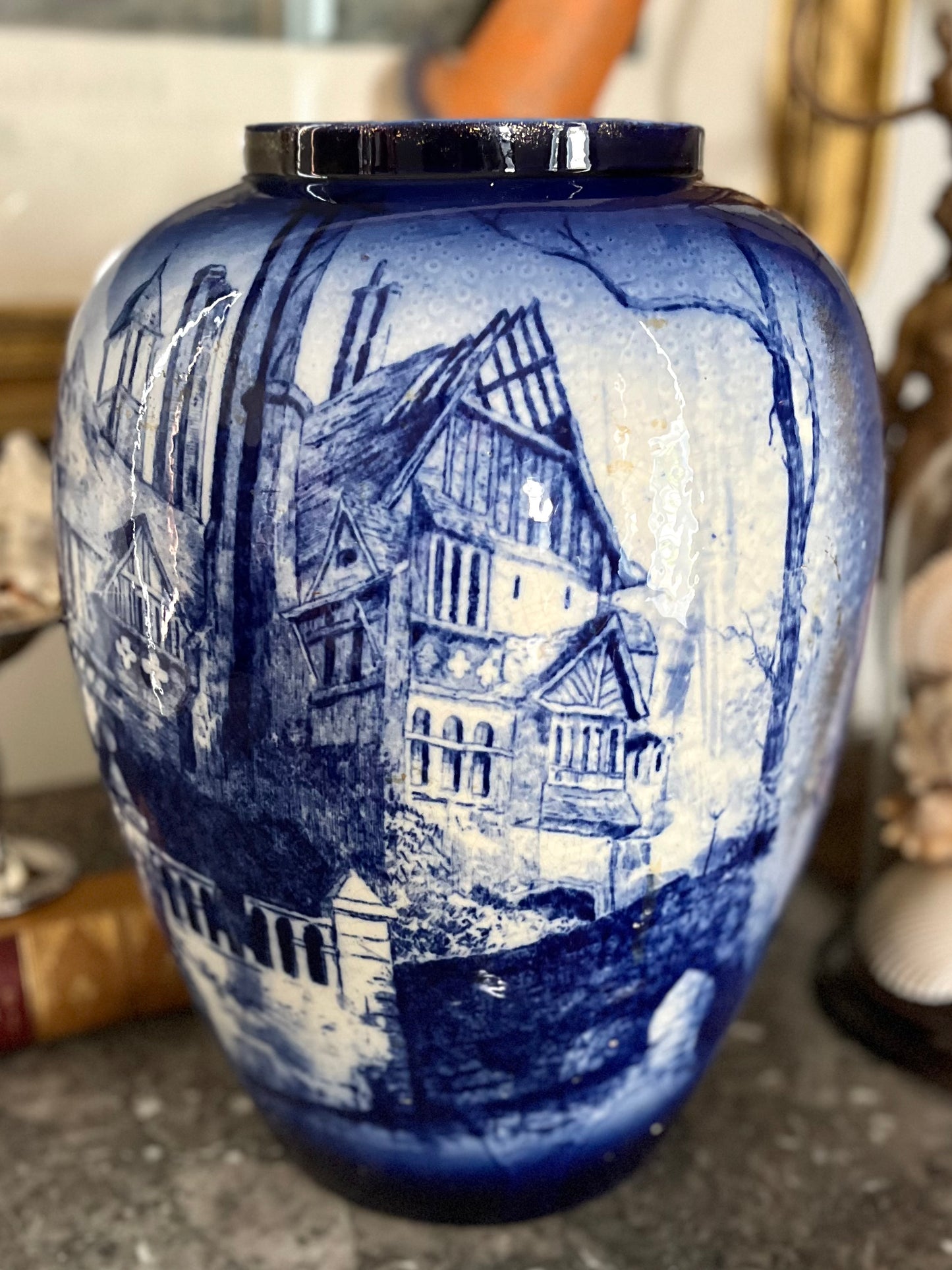 Live 08/28 Rare Antique Doulton Burslem England Extra Large Blue & White Transferware Vase | Late 1800s