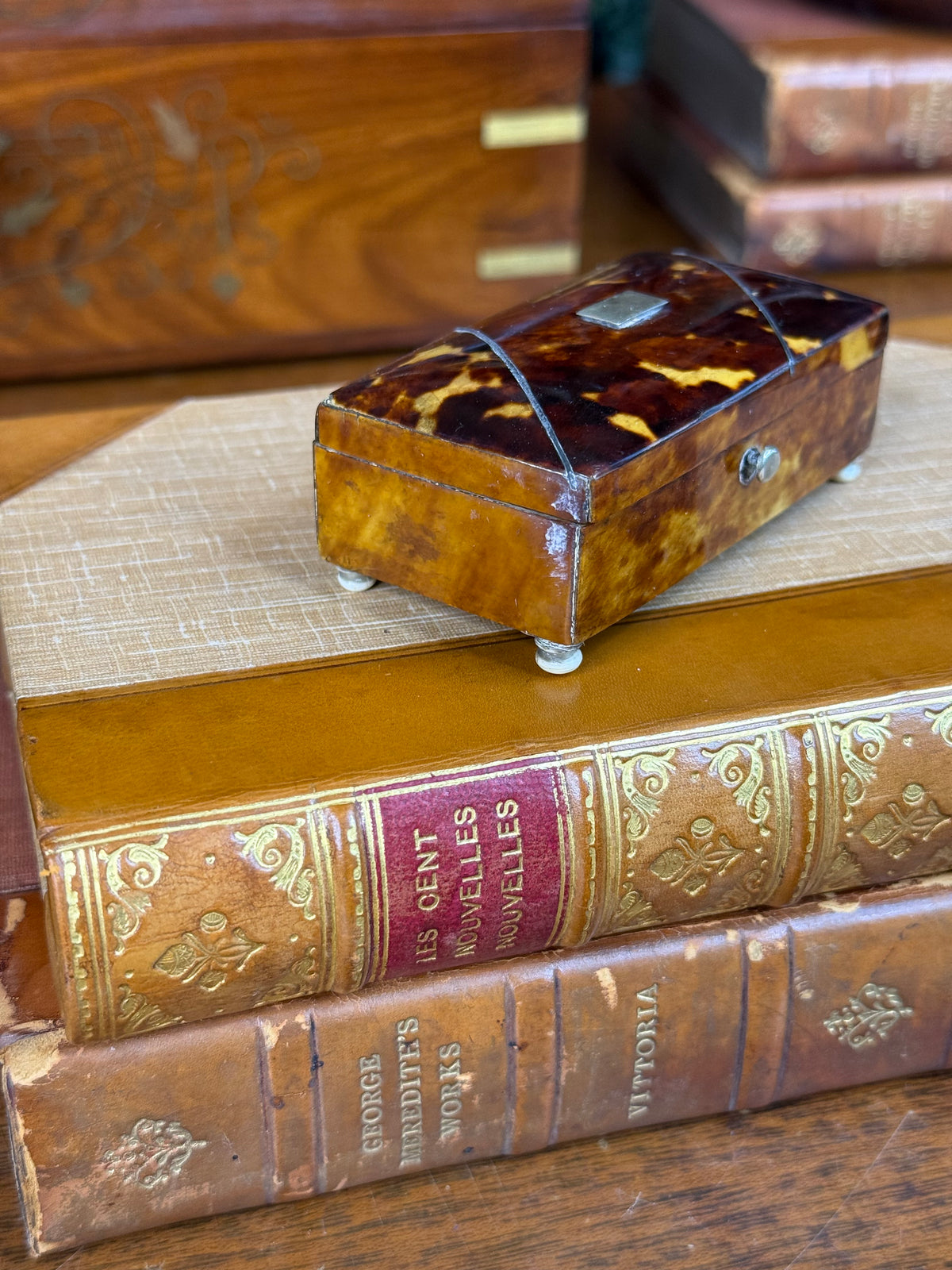 Antique English Tshell Trinket Snuff Box with Silver Cartouche & Bone Feet, c. 1900–1920 – 3”W
