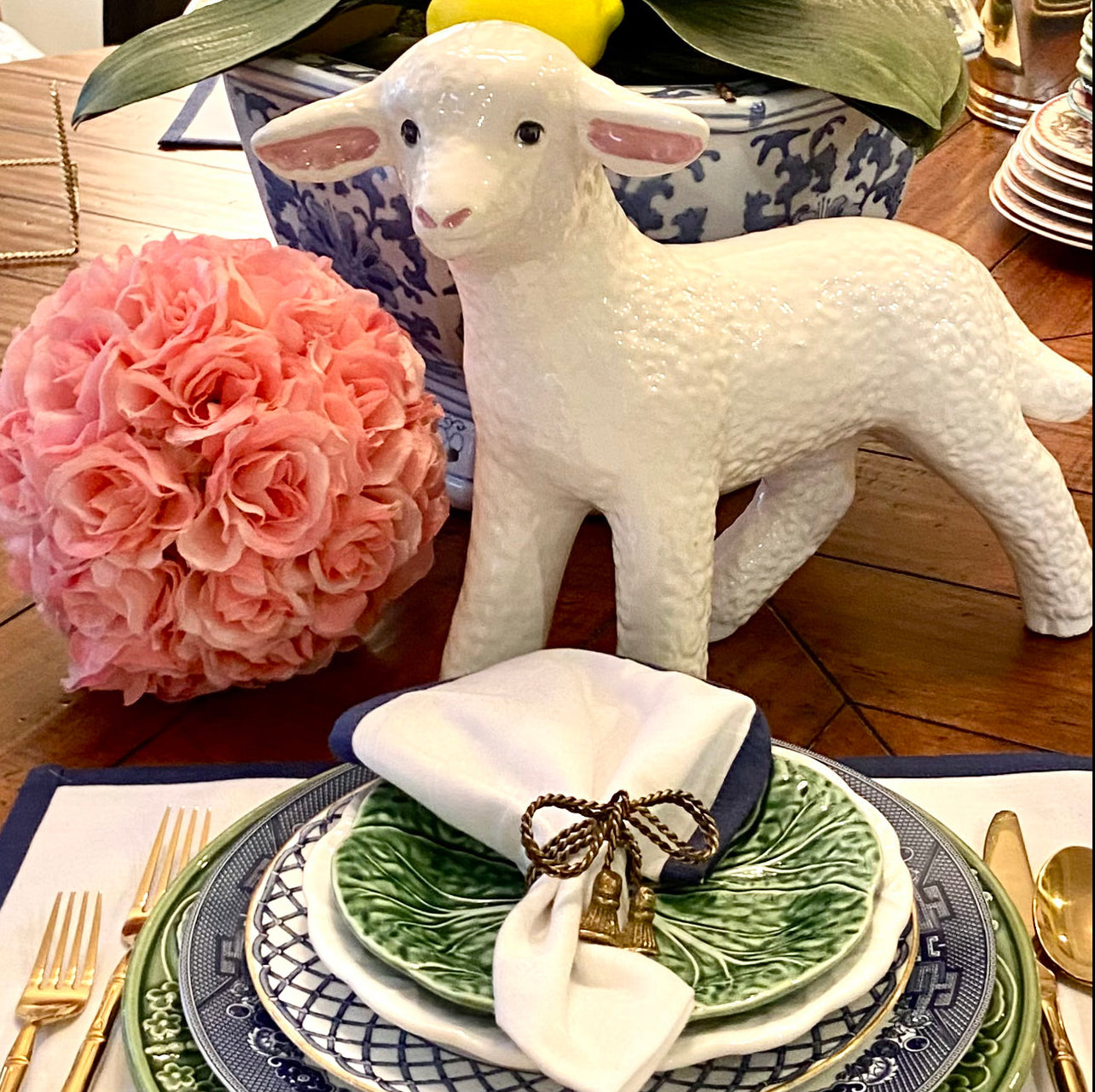 Vintage sweet & statuesque lamb centerpiece for your springtime holiday table scape.