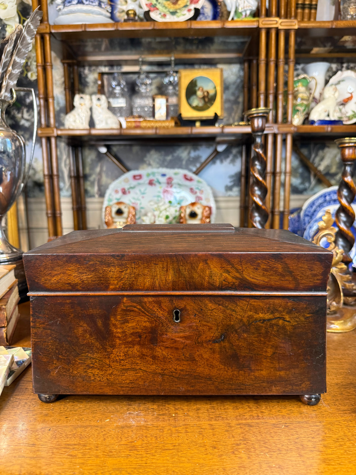 Antique Victorian Mahogany Smoking Compendium with Cut Crystal Tobacco Jar & Fitted Interior, c. 1890–1910 – 12”W