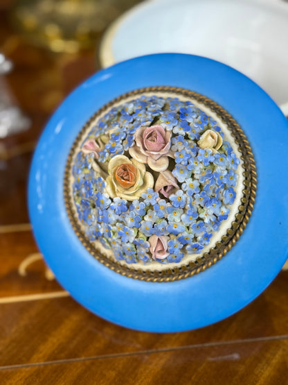 Antique German Porcelain Vanity Box with Gilt Ormolu & Floral Lid | 6”D