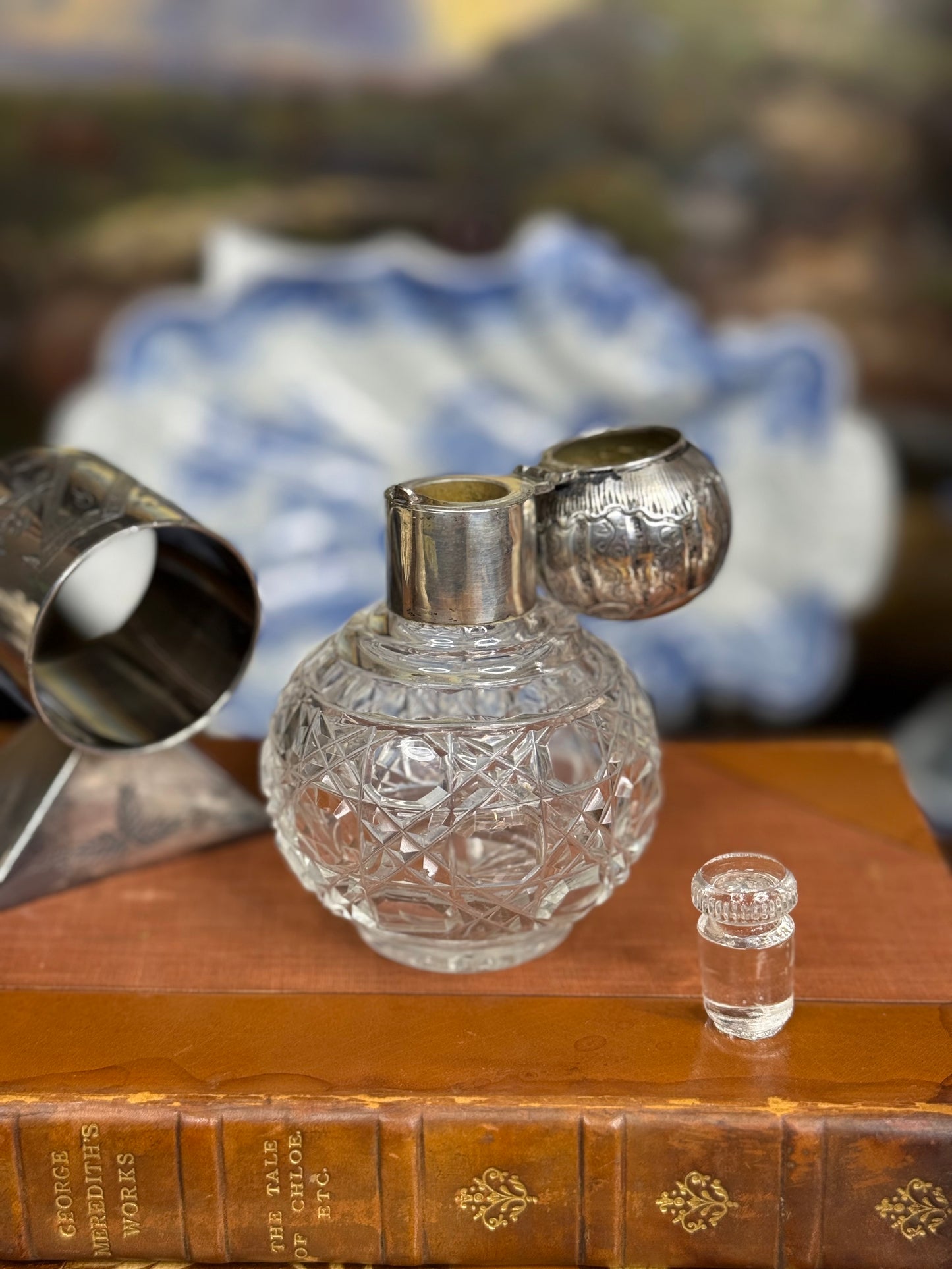 Victorian Cut Crystal Perfume Bottle with Sterling Silver Repoussé Lid – 4.5″