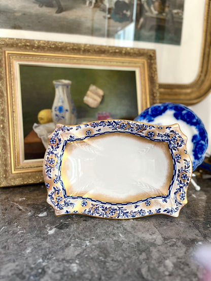 Rare English Gilded Flow Blue Rectangular Pedestal Bowl - Keeling & Co Burslem