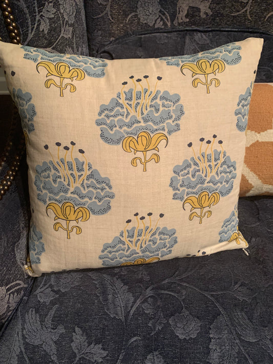 Designer Katie Ridder Peony Pillow in Blue/Yellow