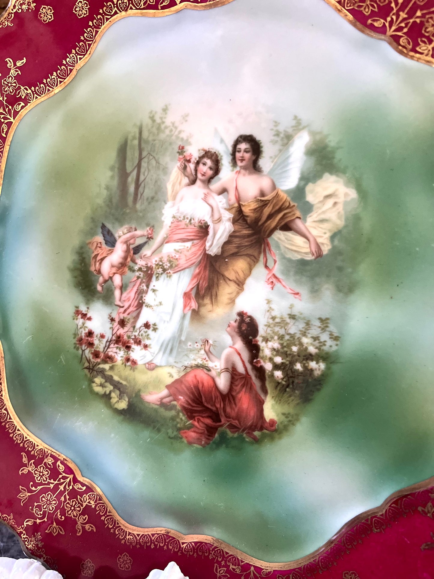 Large Raspberry Scalloped Edge Ethereal Wall Plate With Cherubs Austrian 12 1/2”