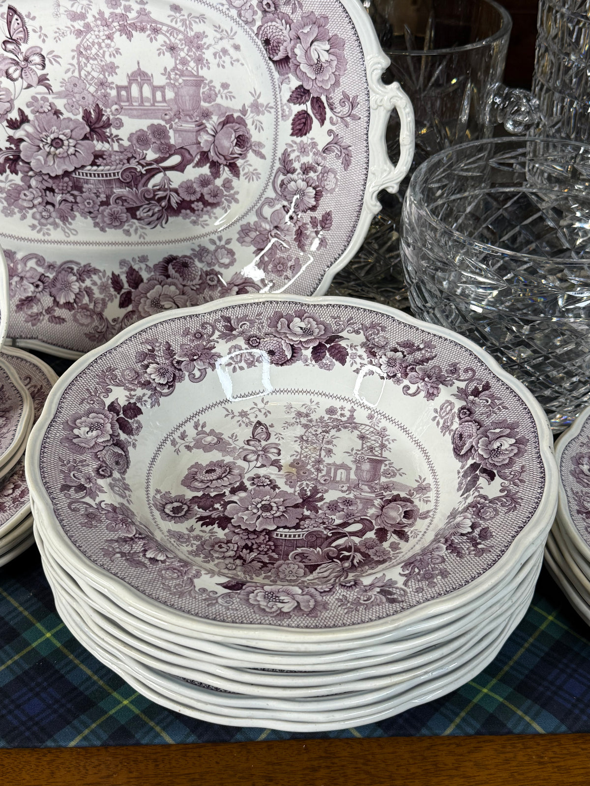 39 Pieces, Circa 1840 | Antique English Staffordshire “Canton Garden”Lavender/ Mulberry Transferware Dinner Service