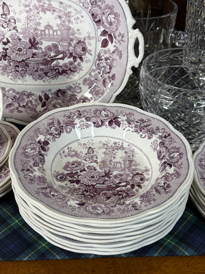 39 Pieces, Circa 1840 | Antique English Staffordshire “Canton Garden”Lavender/ Mulberry Transferware Dinner Service