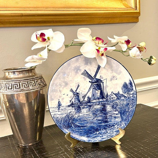 Delightful Delft Windmill hand painted vintage blue and white plate