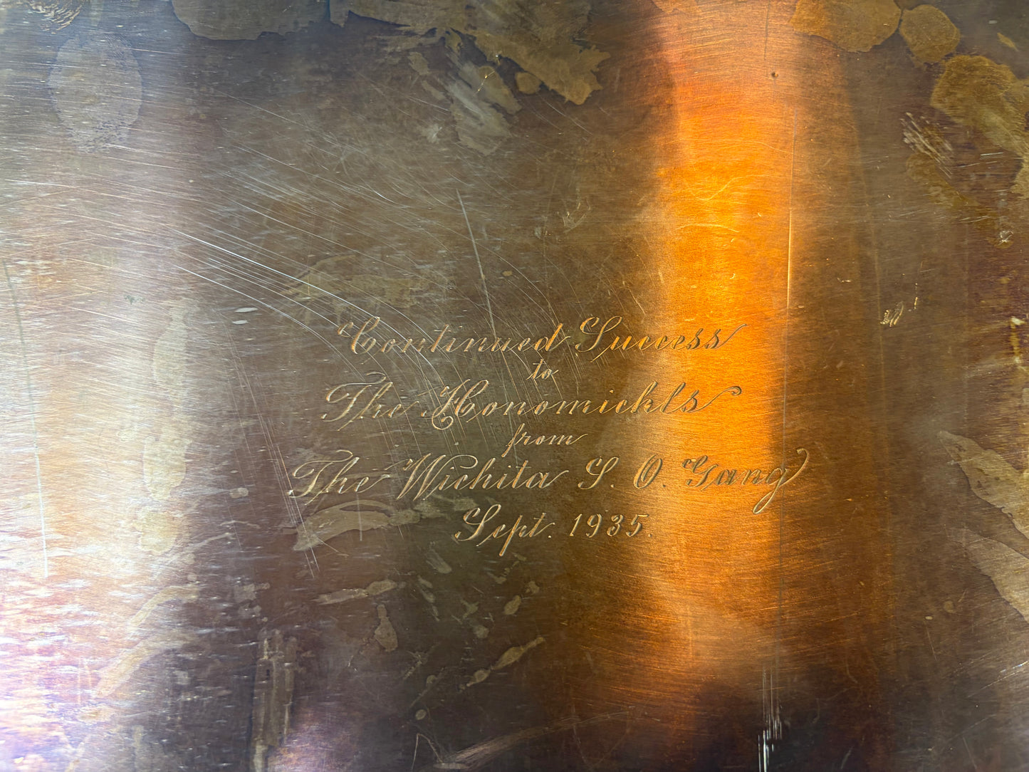 Lovely engraved 1935 silverplate over copper tray with handles!