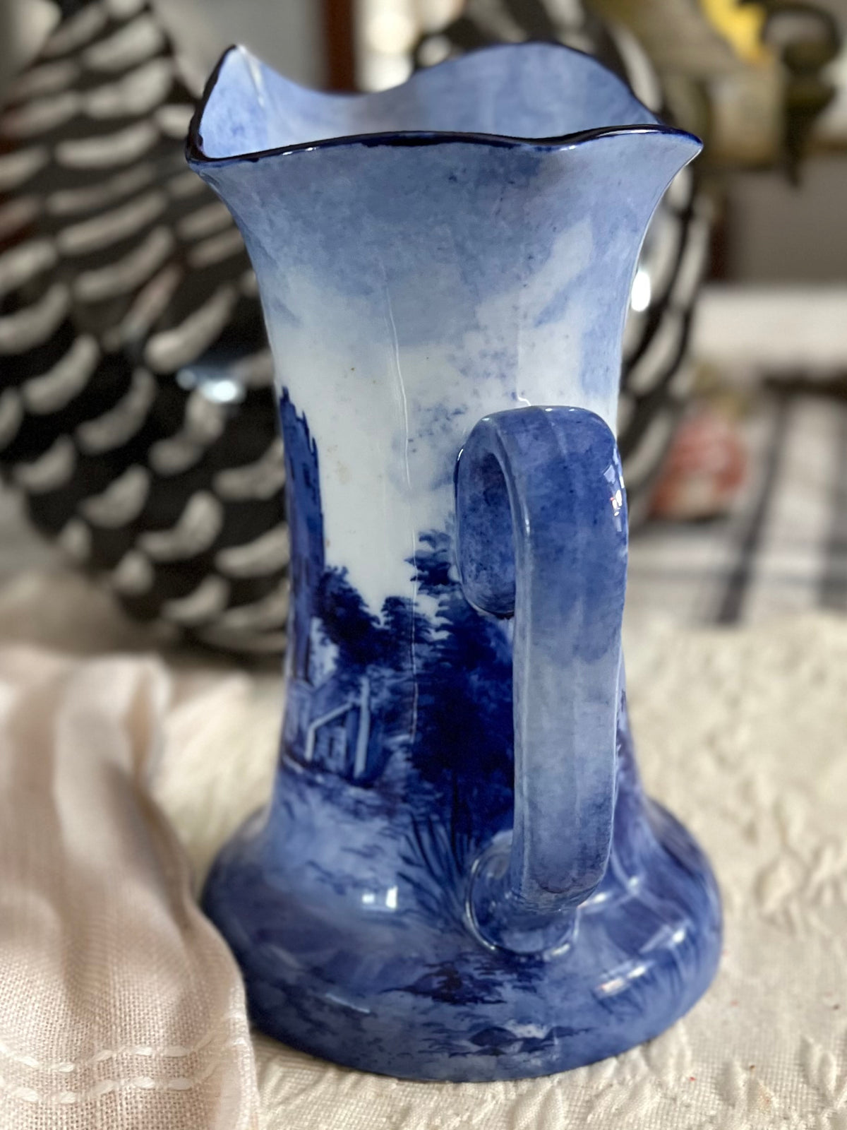 Doulton Burslem Hand-Painted Blue Jug, Portchester Castle, c.1895