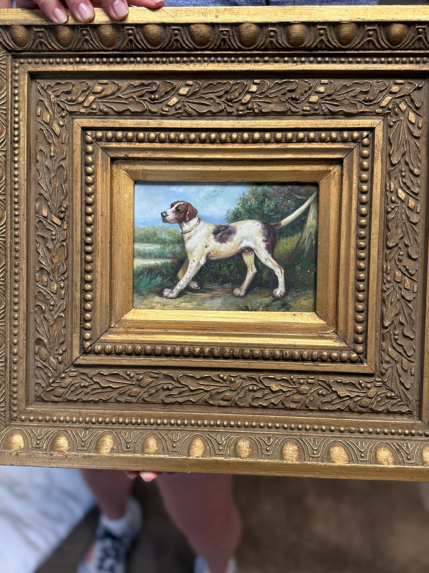 WCCR Charitable Item #125 | Antique Framed Spaniel Painting on Board | 17” x 15”