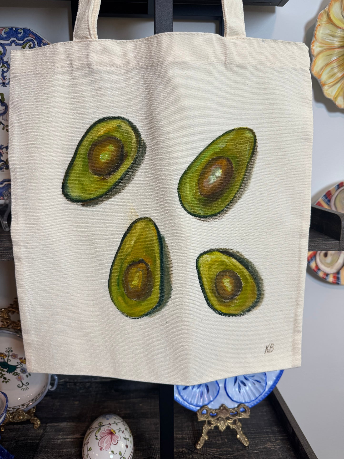 Avocado hand painted tote bag 15x14”