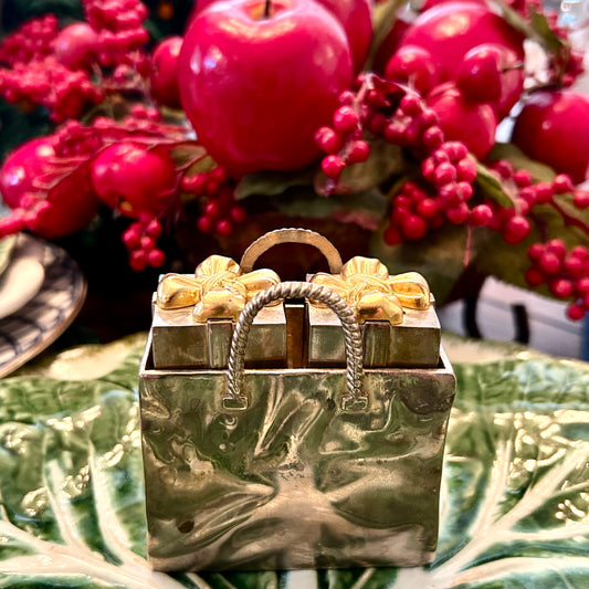 Whimsical pair of brass and silver plate Bow present salt & pepper shakers in lil shopping bag