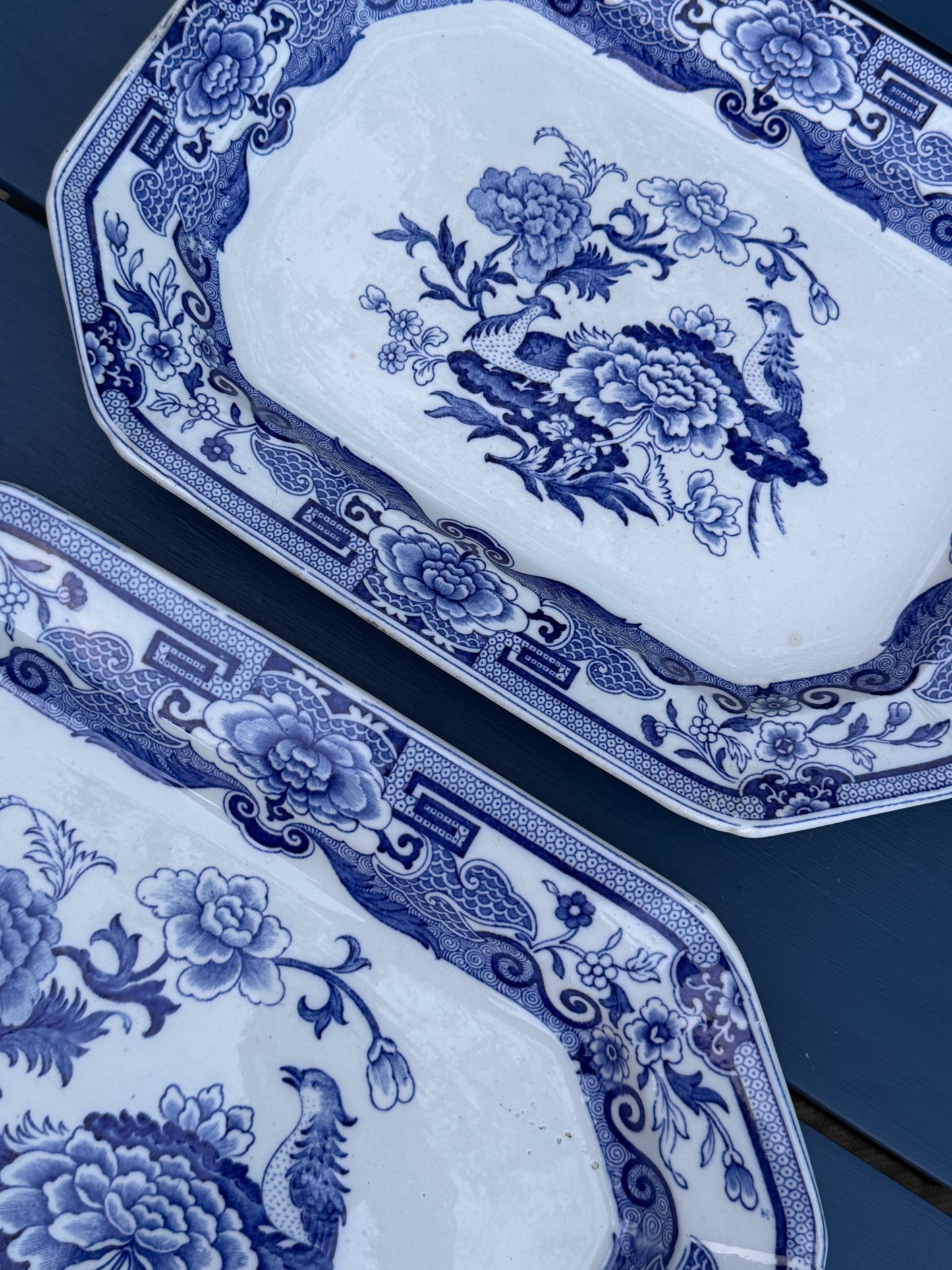 Antique Pair (2) Mason's Ironstone "India Pheasant" Blue & White Platters | Pair | Large & Small | c.1820 | Styles DA4493 & DA4494