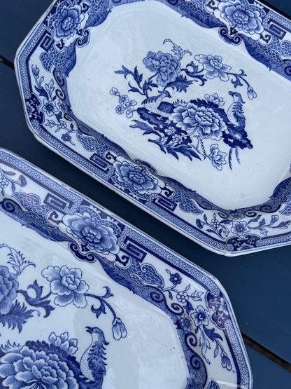 Antique Pair (2) Mason's Ironstone "India Pheasant" Blue & White Platters | Pair | Large & Small | c.1820 | Styles DA4493 & DA4494