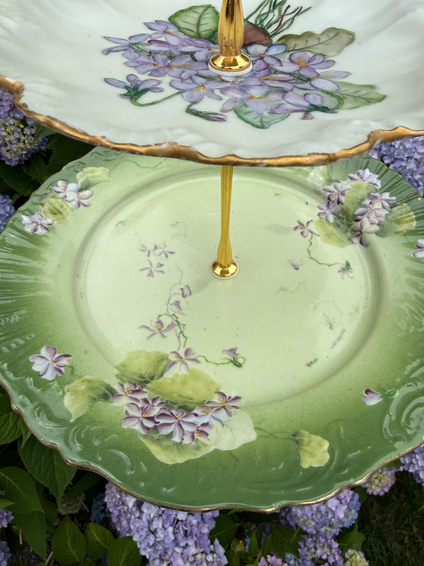 RESERVED - THERESA- Vintage Green Hydrangea 3 Tier Plate Stand