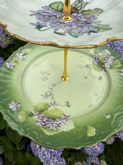 RESERVED - THERESA- Vintage Green Hydrangea 3 Tier Plate Stand
