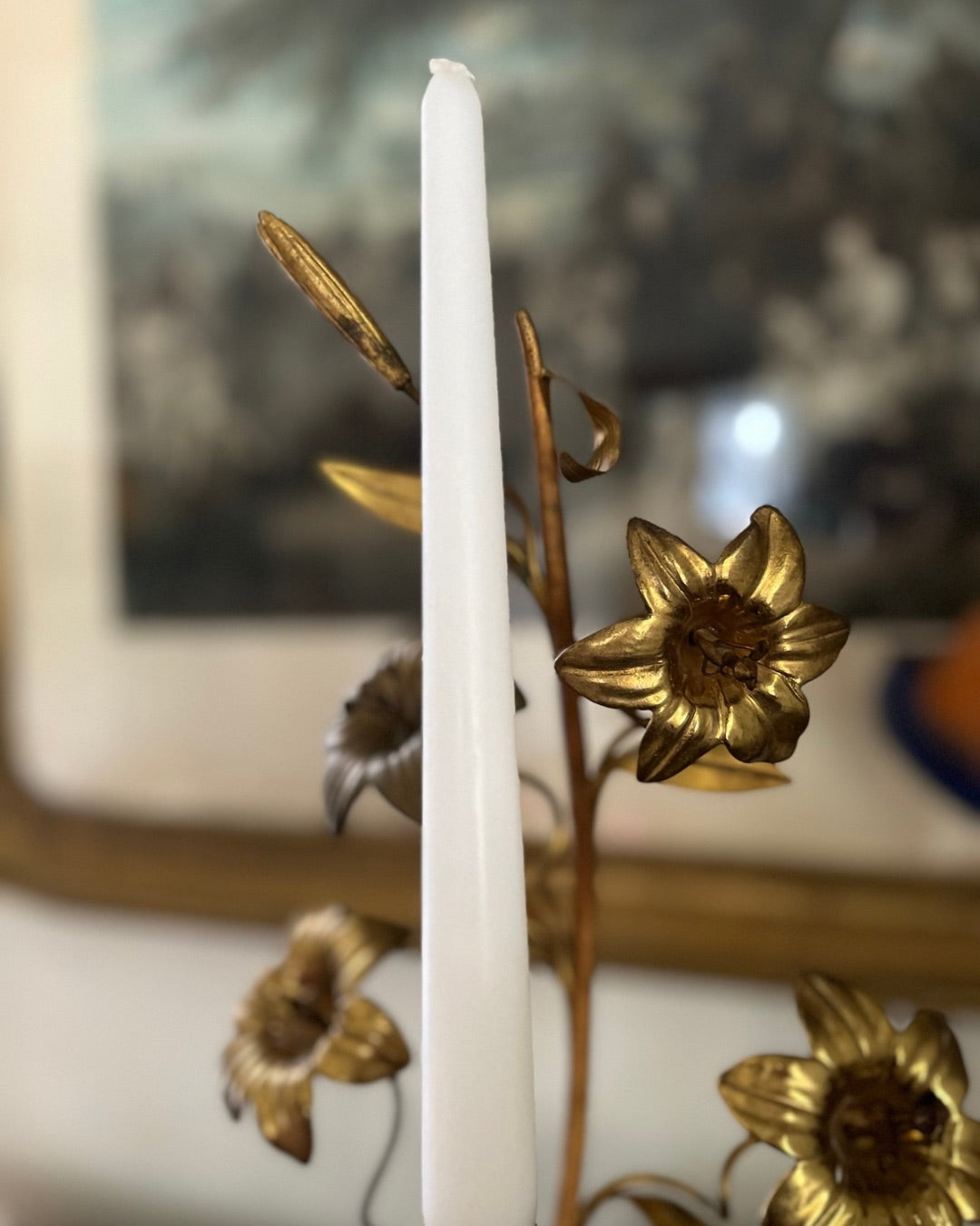 Antique French Tole Three-Light Gilt Floral Candelabra, Church Alter Style