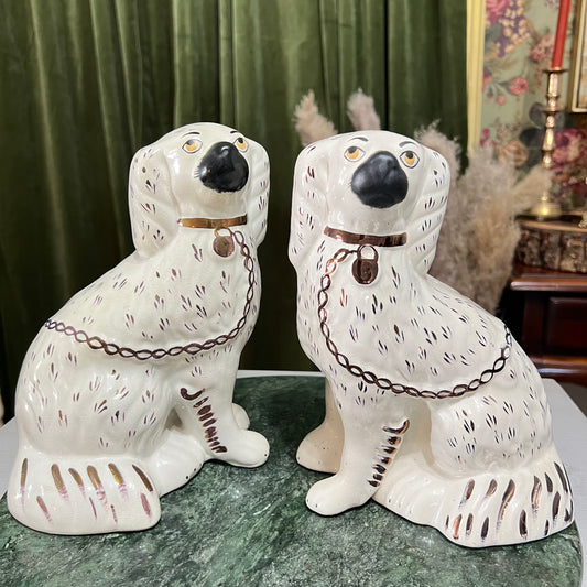 Pair Of Vintage Victorian Staffordshire Spaniel Wally Mantle Dogs 8.85”H - Pristine