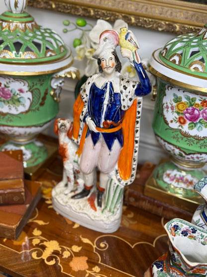 Antique Staffordshire Figure of Huntsman with Dog & Bird – 14” Tall Hand-Painted English Pottery