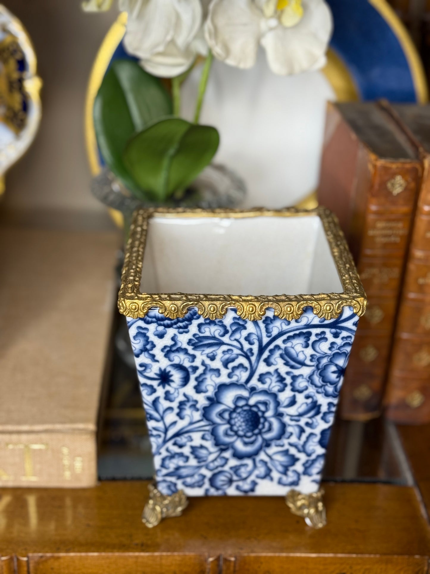 Danny’s Fine Porcelain: Blue & White Floral Square Porcelain Cachepot with Bronze Ormolu Trim & Feet: 5” L x 5” W x 6.5” H