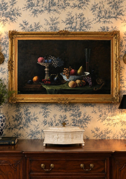 Elegant Large Signed Still Life Oil on Canvas | Moody Classical Fruit Study - Older Vintage - Substantial Solid Wood Gilded Frame From Italy