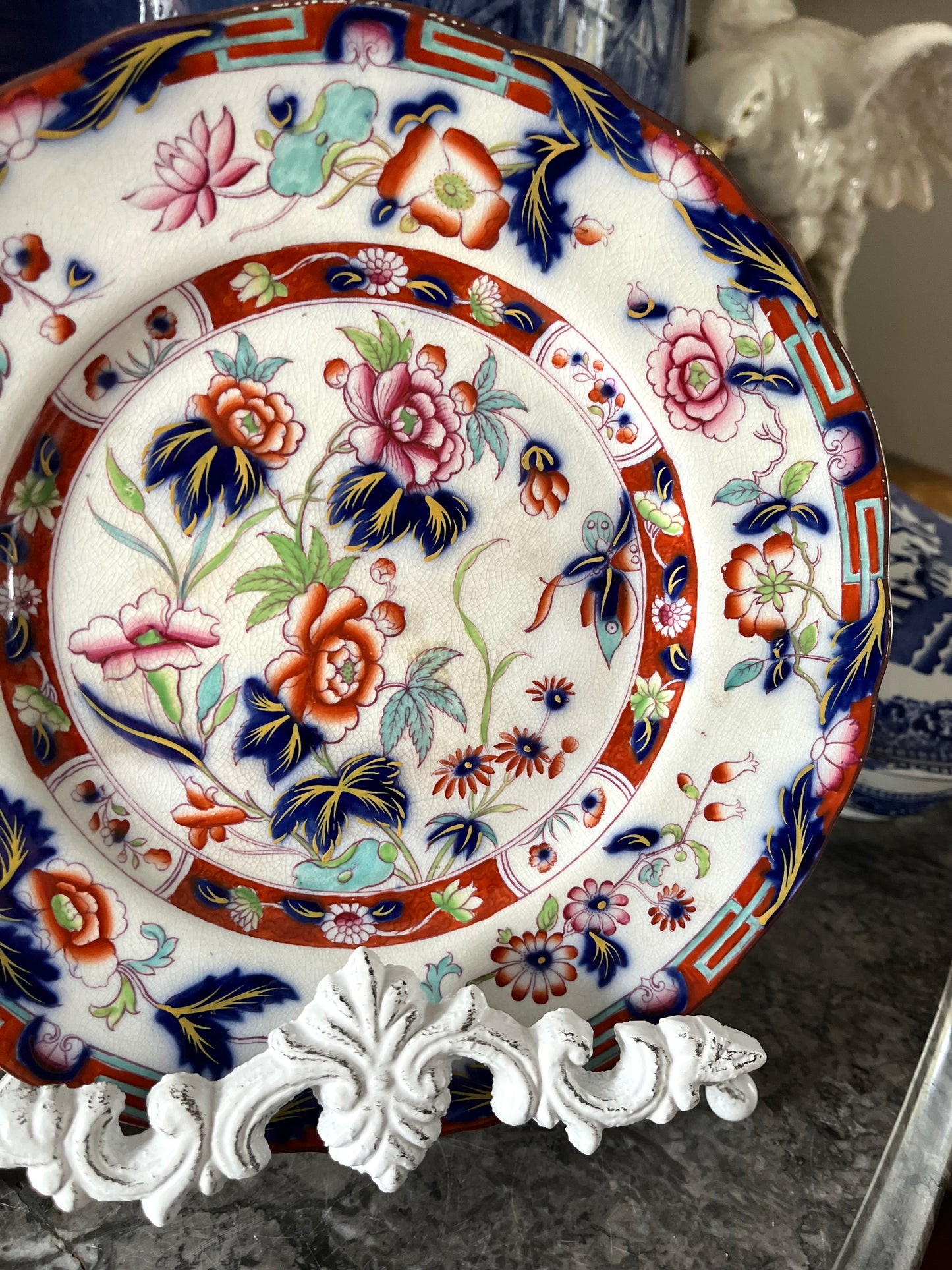 Live 08/25 Pair Of Antique English Staffordshire – Mason’s or Ashworth Bros. c.1850’s Unusual Greek Key Border