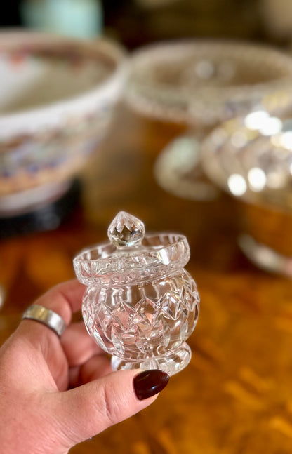 Vintage Cut Crystal Condiment Jar Mustard Pot with Lid | Diamond & Starburst Design