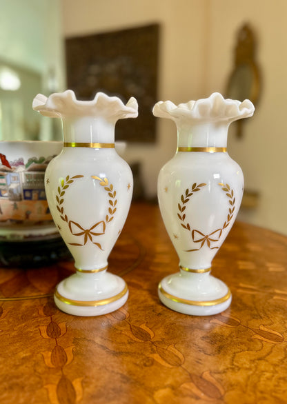 Pair of Antique French Opaline Glass Vases with Gilt Laurel Wreath Decoration, c.1880
