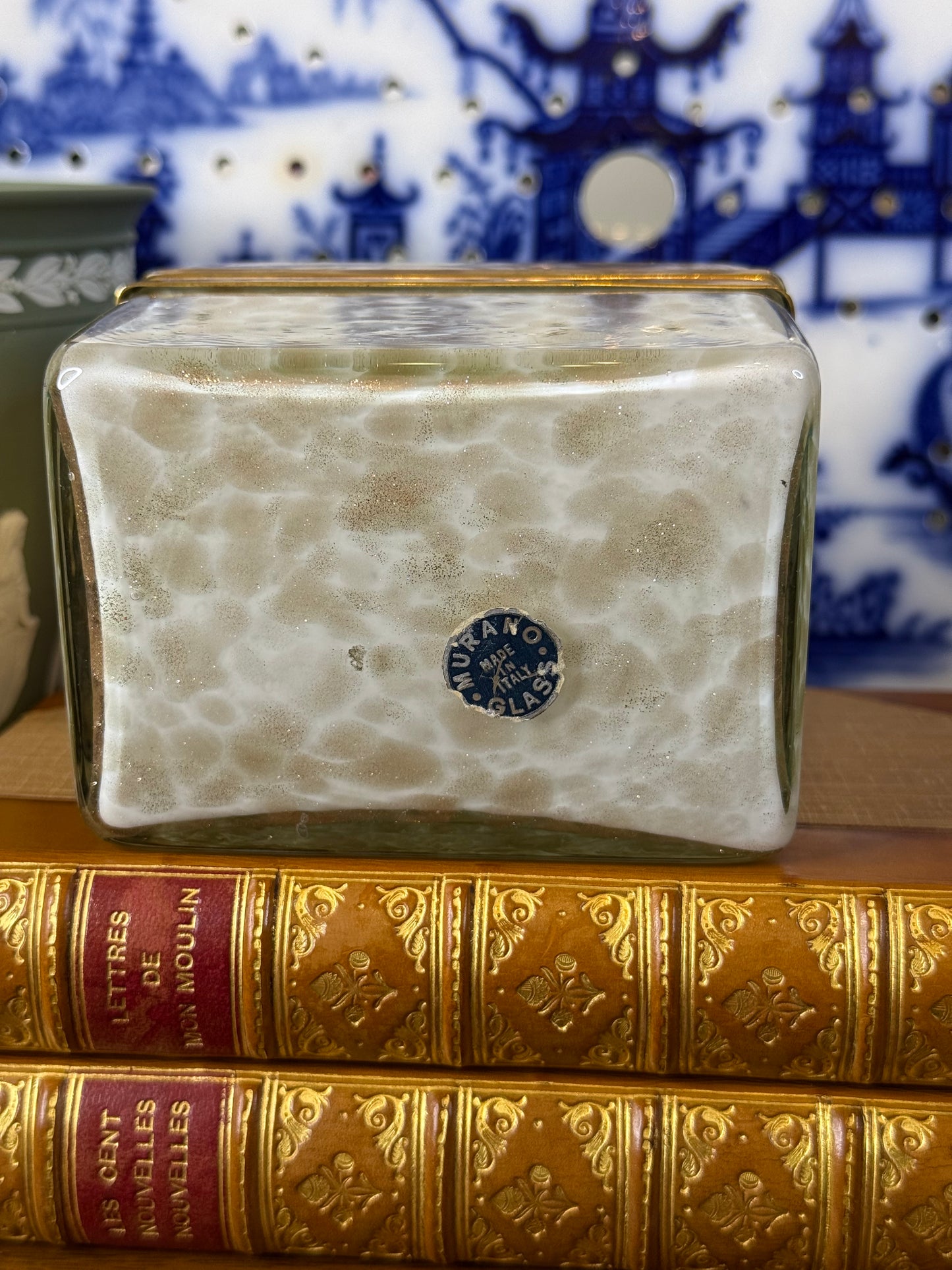 Vintage Murano Art Glass Casket Box | Aventurine & White Mottled Glass | Brass Mounted Trinket Box | 5” x 4” x 3”