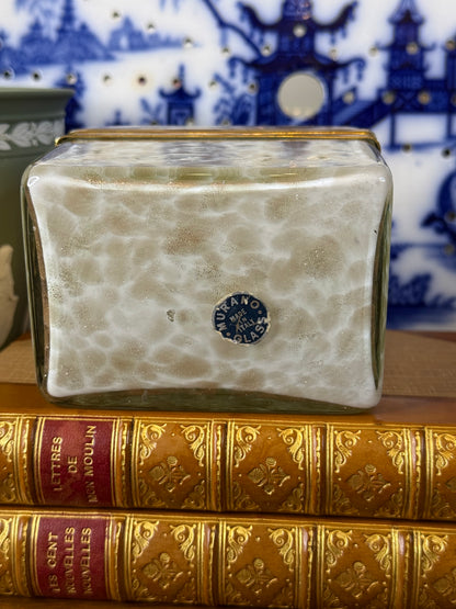 Vintage Murano Art Glass Casket Box | Aventurine & White Mottled Glass | Brass Mounted Trinket Box | 5” x 4” x 3”