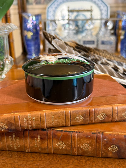 RESERVED - CGHOLL - Vintage Tiffany & Co. “Hunting Dogs” Porcelain Round Trinket Box, Black Sporting Dog Motif, 1992, 4” D
