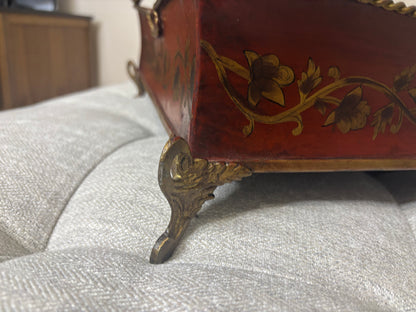 Stunning extra large gallery tole tray with designs and brass feet!