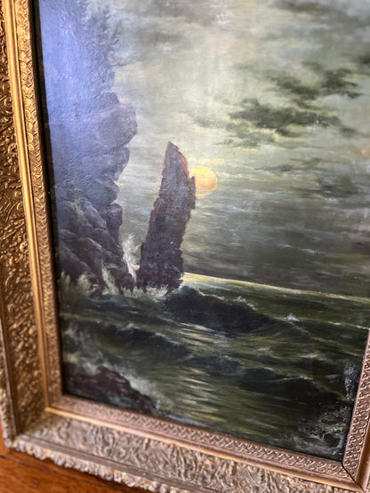 Sold Reserved Estate Antique Moody Coastal Seascape Original Fine Oil Paintings in Gilt Frames | Pair
