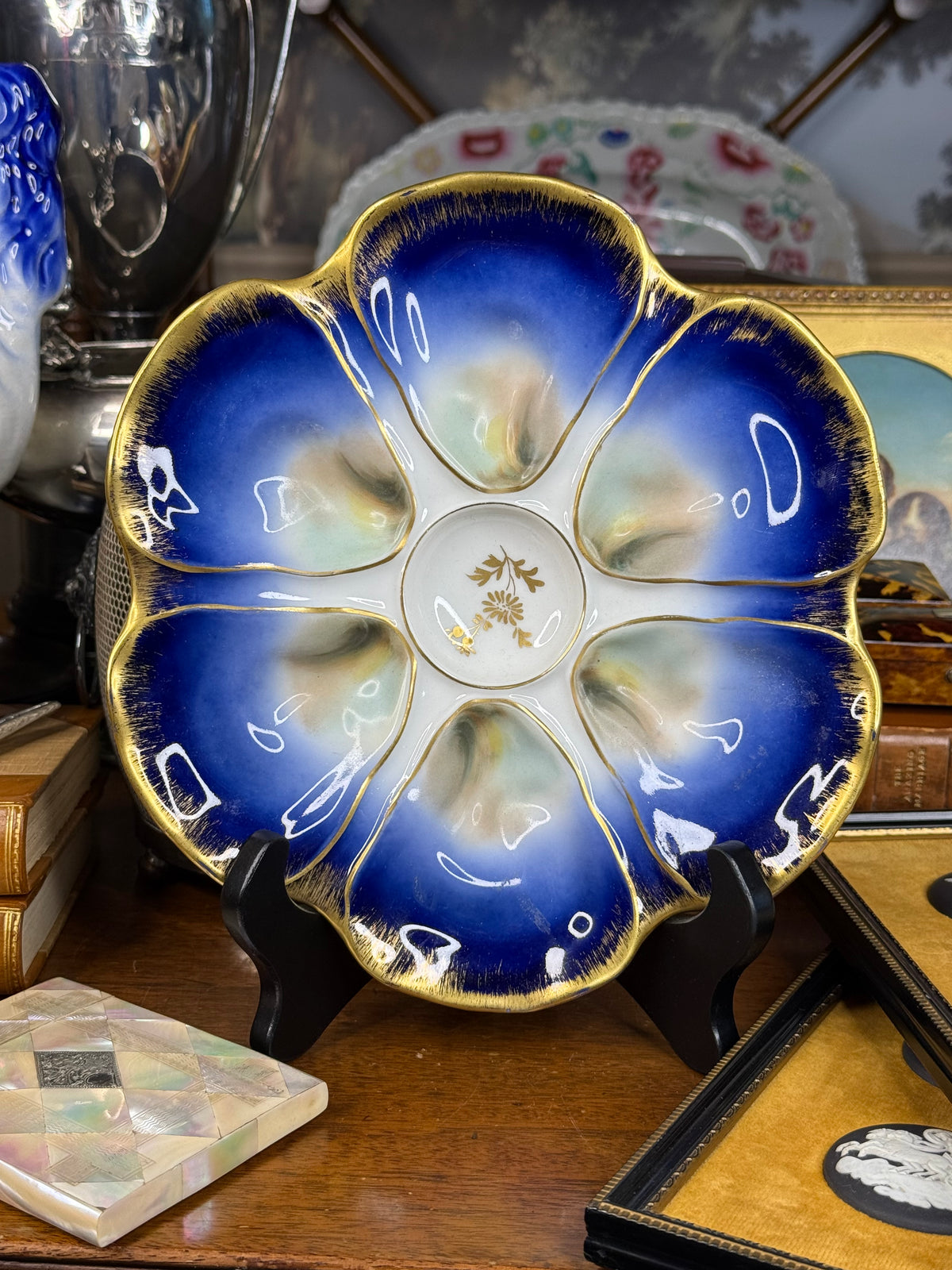 Antique L. Straus & Sons Limoges France Cobalt Flow Blue & White W/Gold Oyster Plate, Circa 1900 – 9”D |