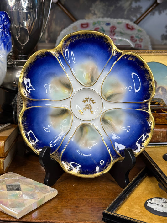 Antique L. Straus & Sons Limoges France Cobalt Flow Blue & White W/Gold Oyster Plate, Circa 1900 – 9”D |