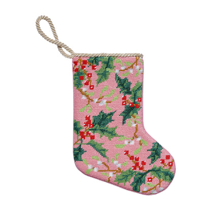 Holly Embroidered Mini Christmas Stocking | Needlepoint Style Holiday Decor | 6" x 4.25"