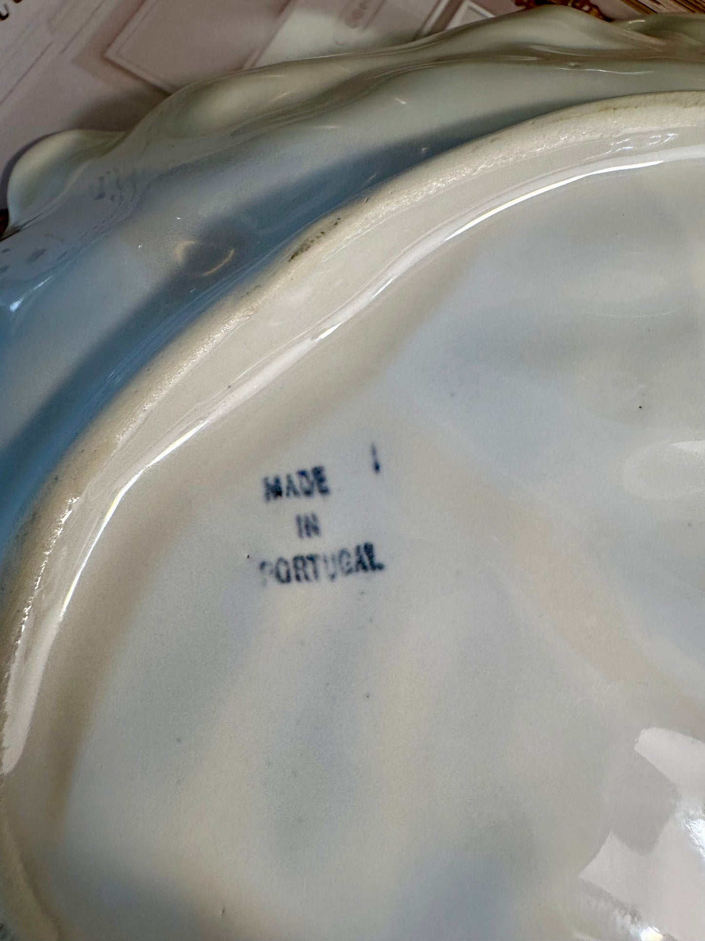 Vintage White Majolica Style Cabbage Leaf Shallow Dish, Made in Portugal, 8"