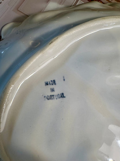 Vintage White Majolica Style Cabbage Leaf Shallow Dish, Made in Portugal, 8"