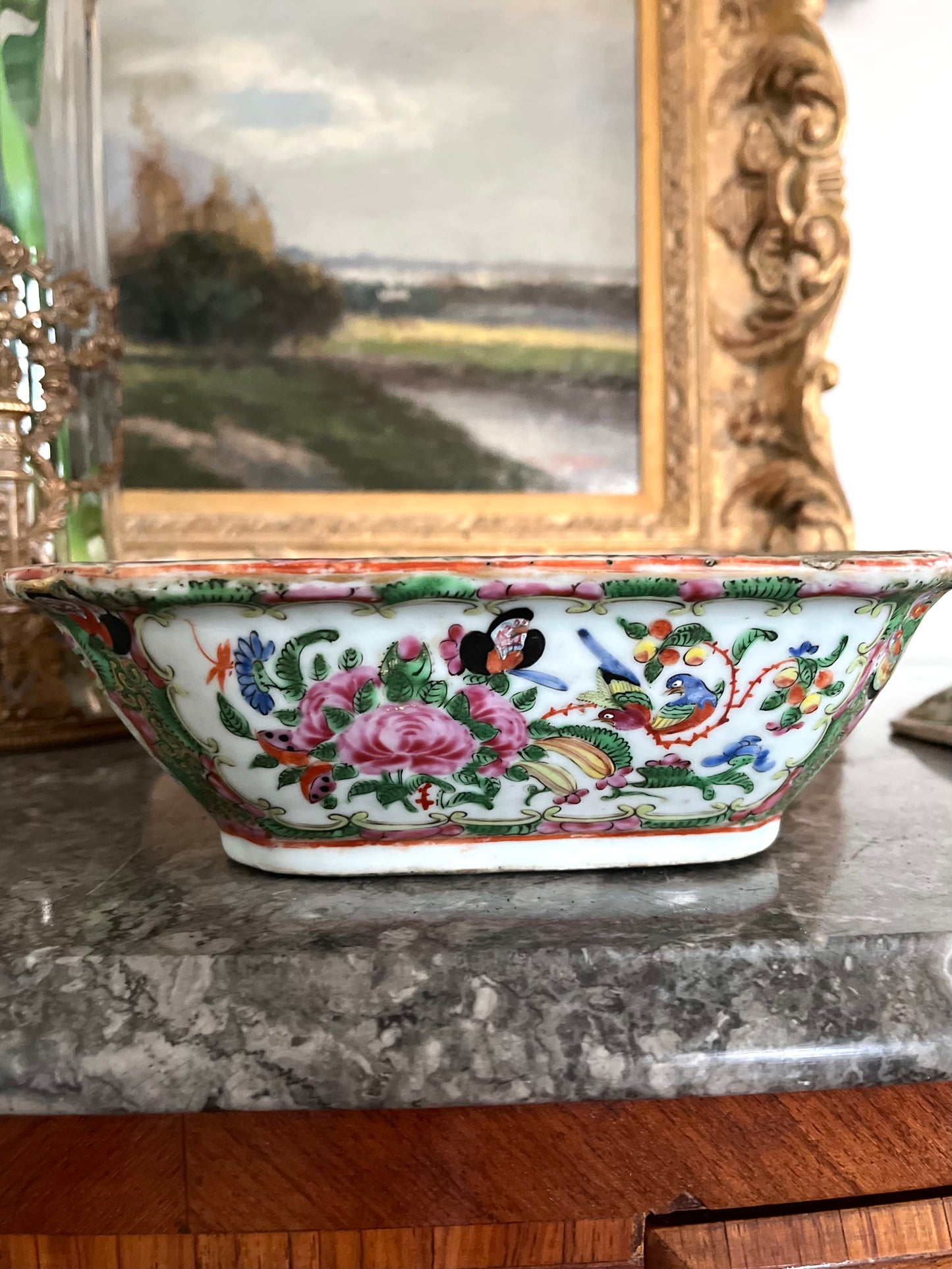 Rare Celadon/Floral-Interior Rose Medallion Covered Dish (19th C. Chinese Export)