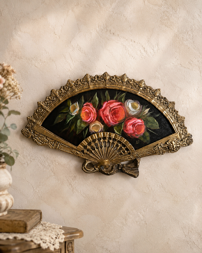 Reserved Solo Live Bouquet of roses still life original oil painting in brass fan frame
