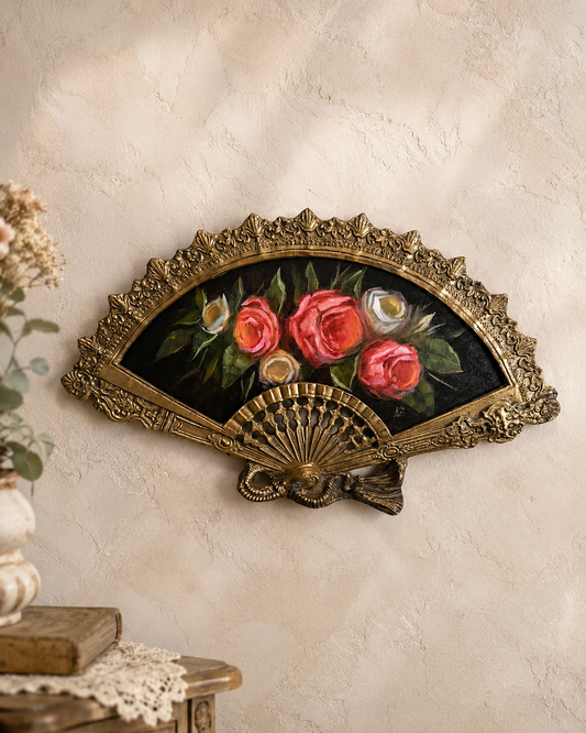 Bouquet of roses still life original oil painting in brass fan frame