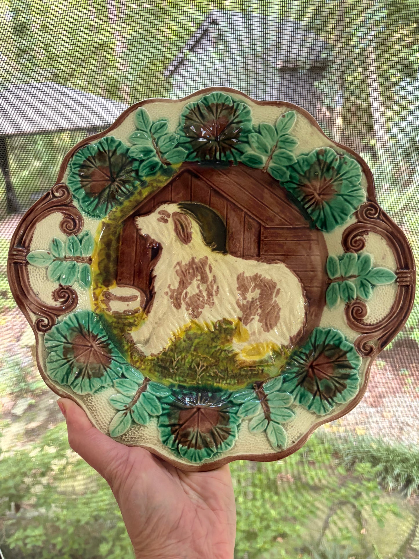 Reserved! Stunning antique majolica dog plate!