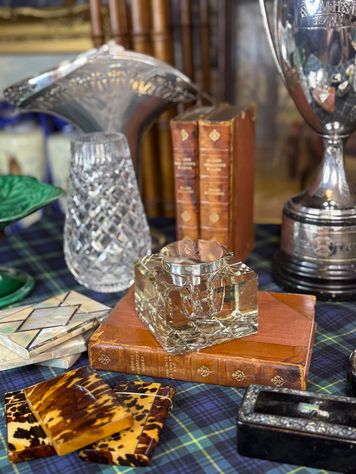 Antique Monogrammed Haseler Brothers Sterling Silver & Cut Crystal Inkwell | Birmingham 1906 | Edwardian | DA4580