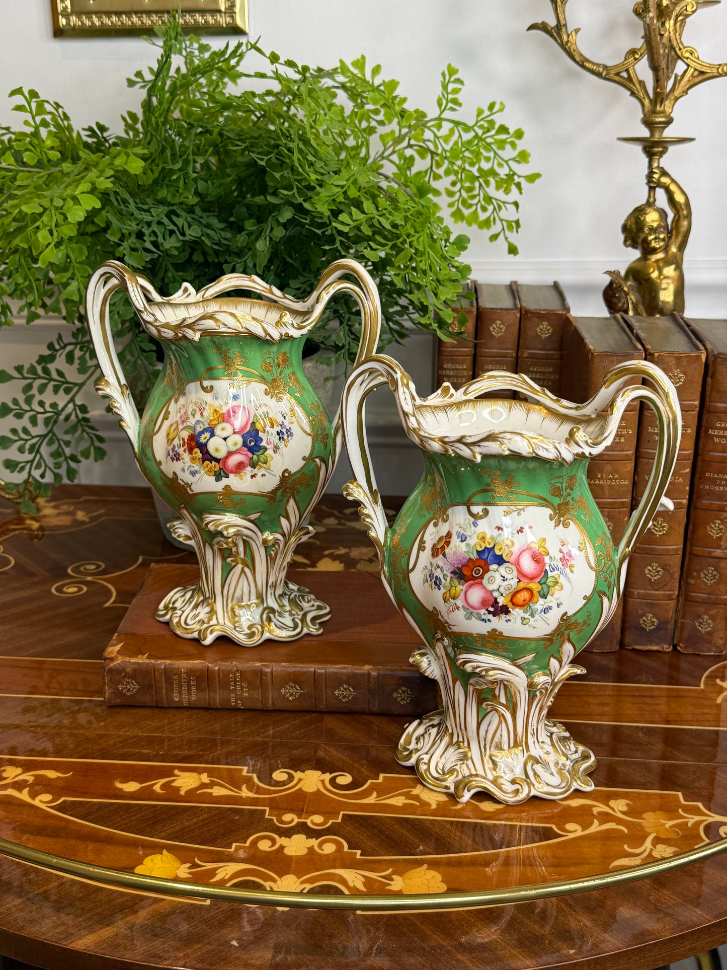 Rare Antique Pair of H.& R. Daniel Apple Green Scenic Vases | Named Views of Attingham Park, Shropshire | English Porcelain | c. 1840 | 8.5"H x 6.5"W x 4" | Style DA4447 (Copy)