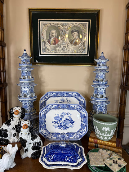 Antique Pair (2) Mason's Ironstone "India Pheasant" Blue & White Platters | Pair | Large & Small | c.1820 | Styles DA4493 & DA4494