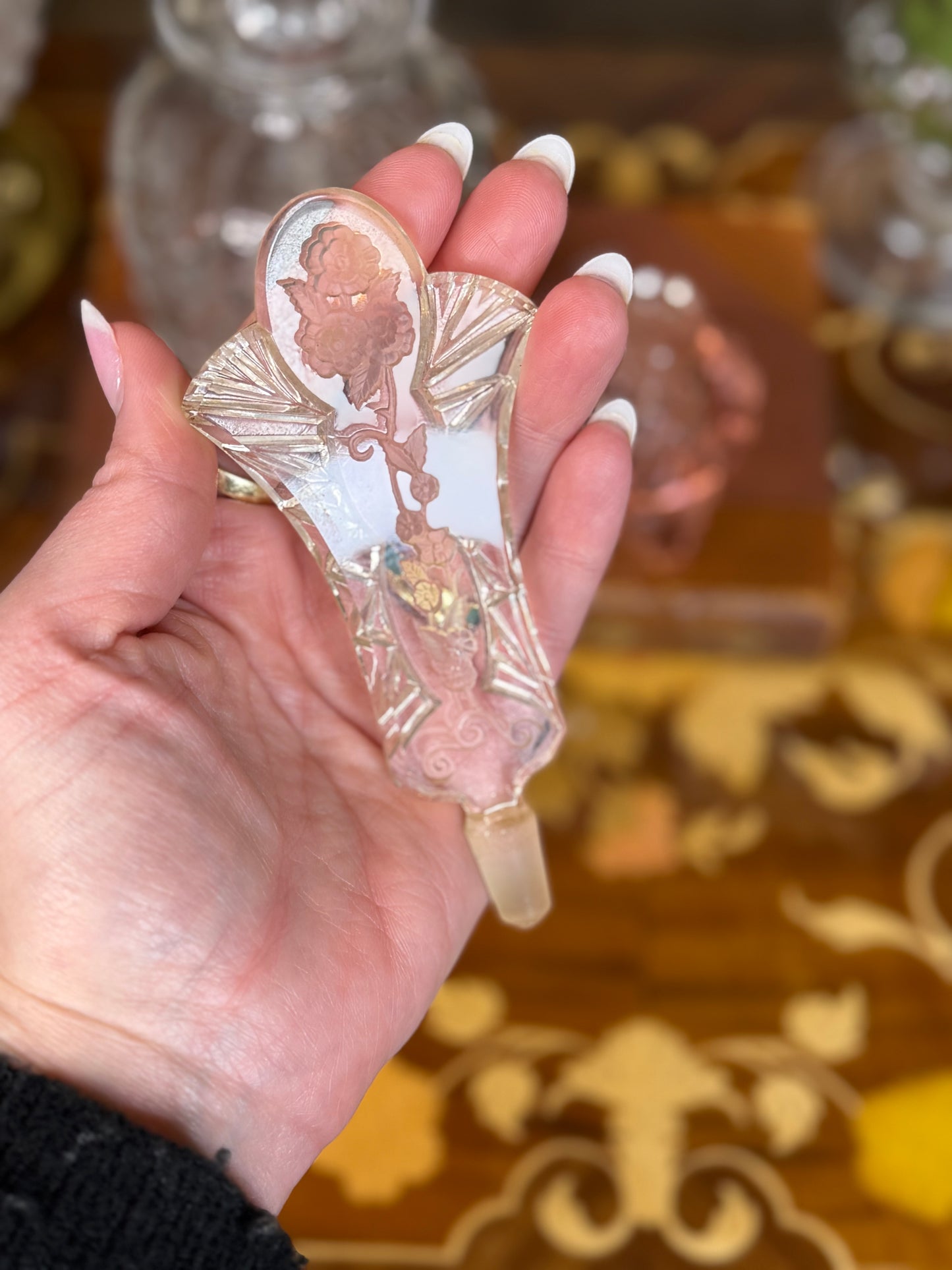 Antique Czechoslovakian Pink Cut Crystal Perfume Bottle with Etched Floral Stopper | 6.5” Tall