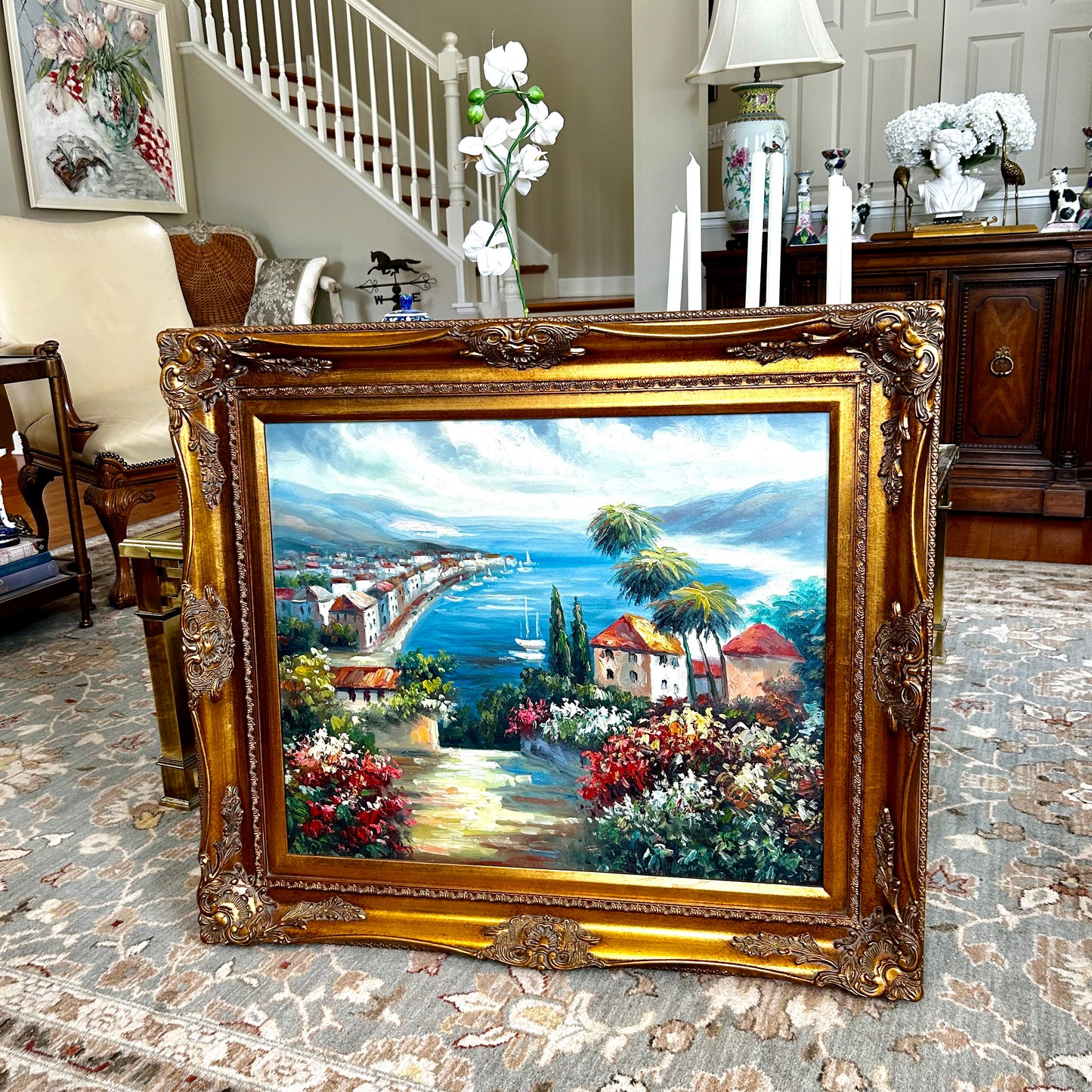 Inviting waterfront landscape massive baroque frame  31 x 28 signed oil painting art