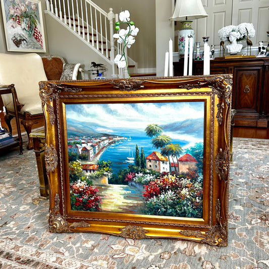 Inviting waterfront landscape massive baroque frame  31 x 28 signed oil painting art